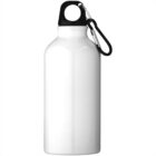 White metal water bottle with black cap and attached carabiner on a plain background.