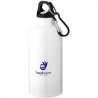 White water bottle with a black lid, carabiner, and Good Water logo on the front.