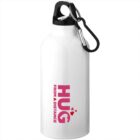 White water bottle with black cap and carabiner, text reads HUG FROM A DISTANCE in pink.