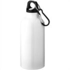 White metal water bottle with a black cap and carabiner clip attached to the lid.