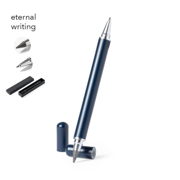 A sleek navy blue pen with silver accents, shown with its cap off and gift box nearby.