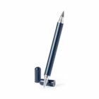 Black ballpoint pen with a cap, standing upright on a white background.