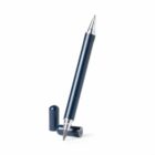 A black pen with silver tip balanced on its cap against a white background.