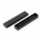 Black pen in an open black rectangular box with its lid placed beside it.