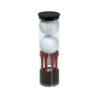 A transparent tube from the 2 Ball Promotional Golf set displays two vertically stacked white golf balls. Below them, red tees are arranged side by side, all capped with a black top—ideal for promotional golf gifts.