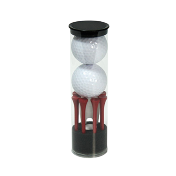A transparent tube from the 2 Ball Promotional Golf set displays two vertically stacked white golf balls. Below them, red tees are arranged side by side, all capped with a black top—ideal for promotional golf gifts.