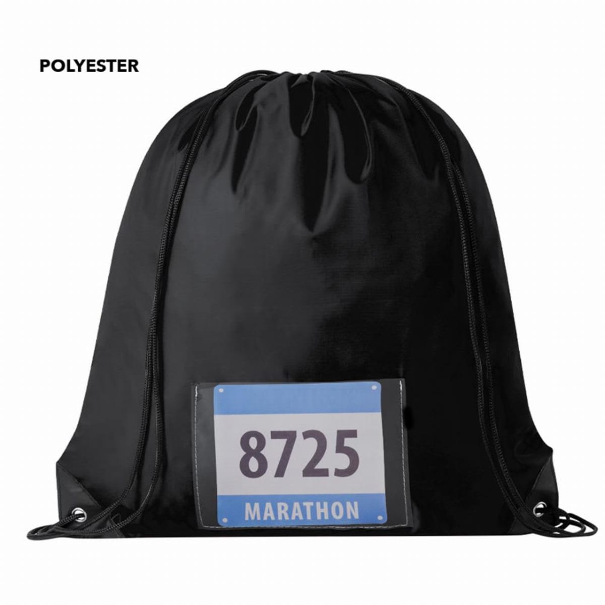Black drawstring bag with 8725 MARATHON label and POLYESTER text.