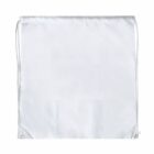White drawstring bag with silver cords on a plain background.