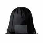 Black drawstring backpack with a rectangular patch on the front.