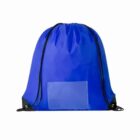 Blue drawstring backpack with a small transparent pocket on the front.