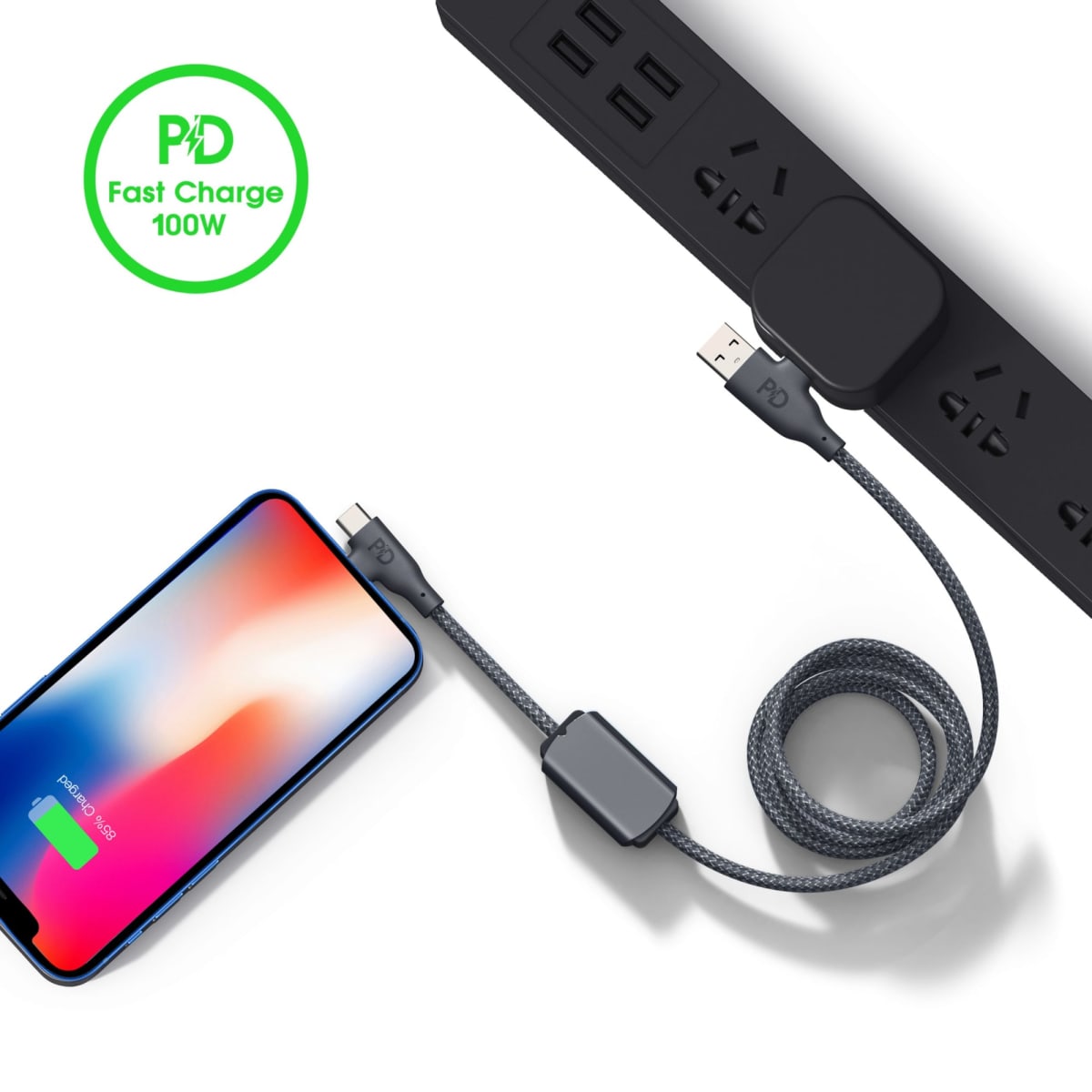 Phone charging via braided cable connected to a power strip with fast charge 100W logo.