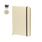 Beige notebook made from grass paper with a black elastic strap.