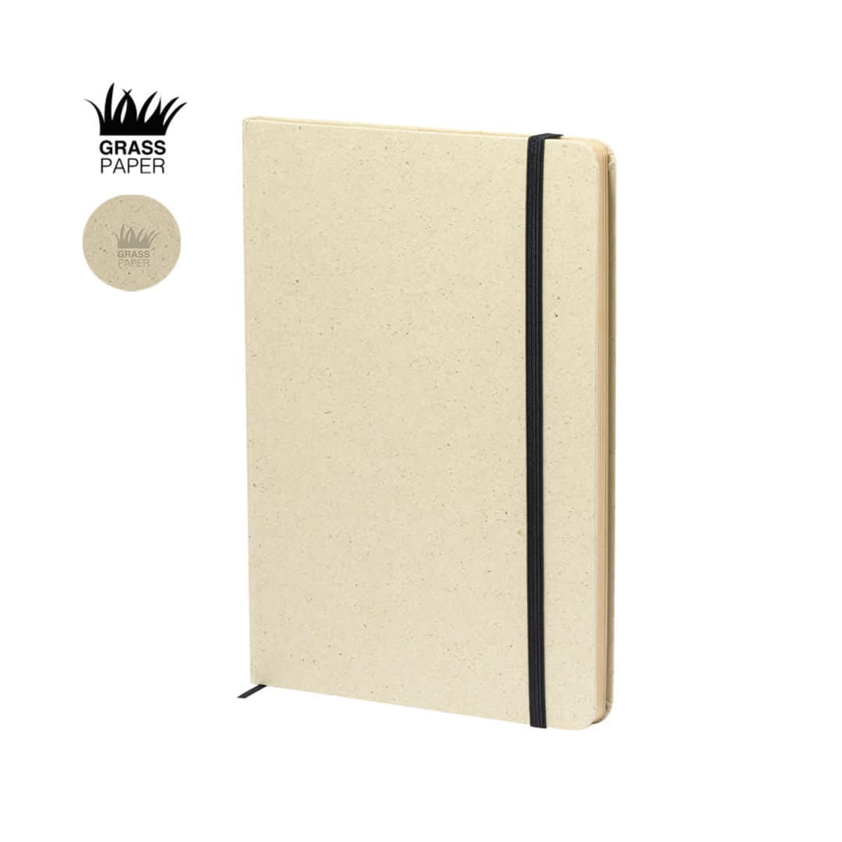 Beige notebook made from grass paper with a black elastic strap.
