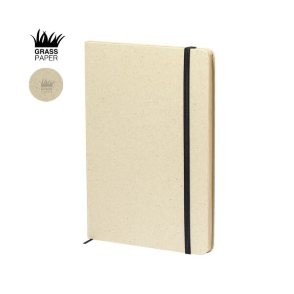Beige notebook with a black elastic band and Grass Paper logo at the top left.