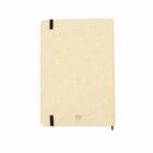 A beige notebook with black elastic closure on a white background.