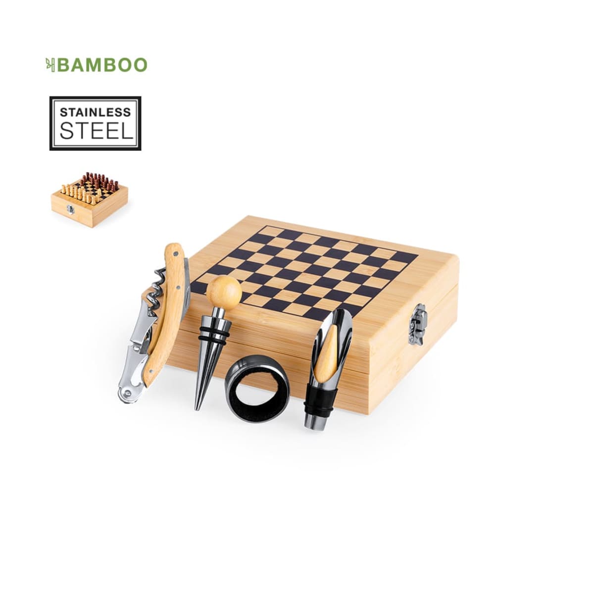 Bamboo chess box set with wine opener, stopper, and other wine accessories.