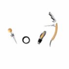 Wine opener set with corkscrew, stopper, pourer, and ring on a white background.