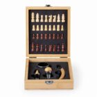 Wooden box set with chess pieces in the lid and wine accessories in the bottom compartment.