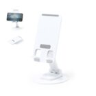 Adjustable white phone stand with foldable design, shown holding a smartphone.