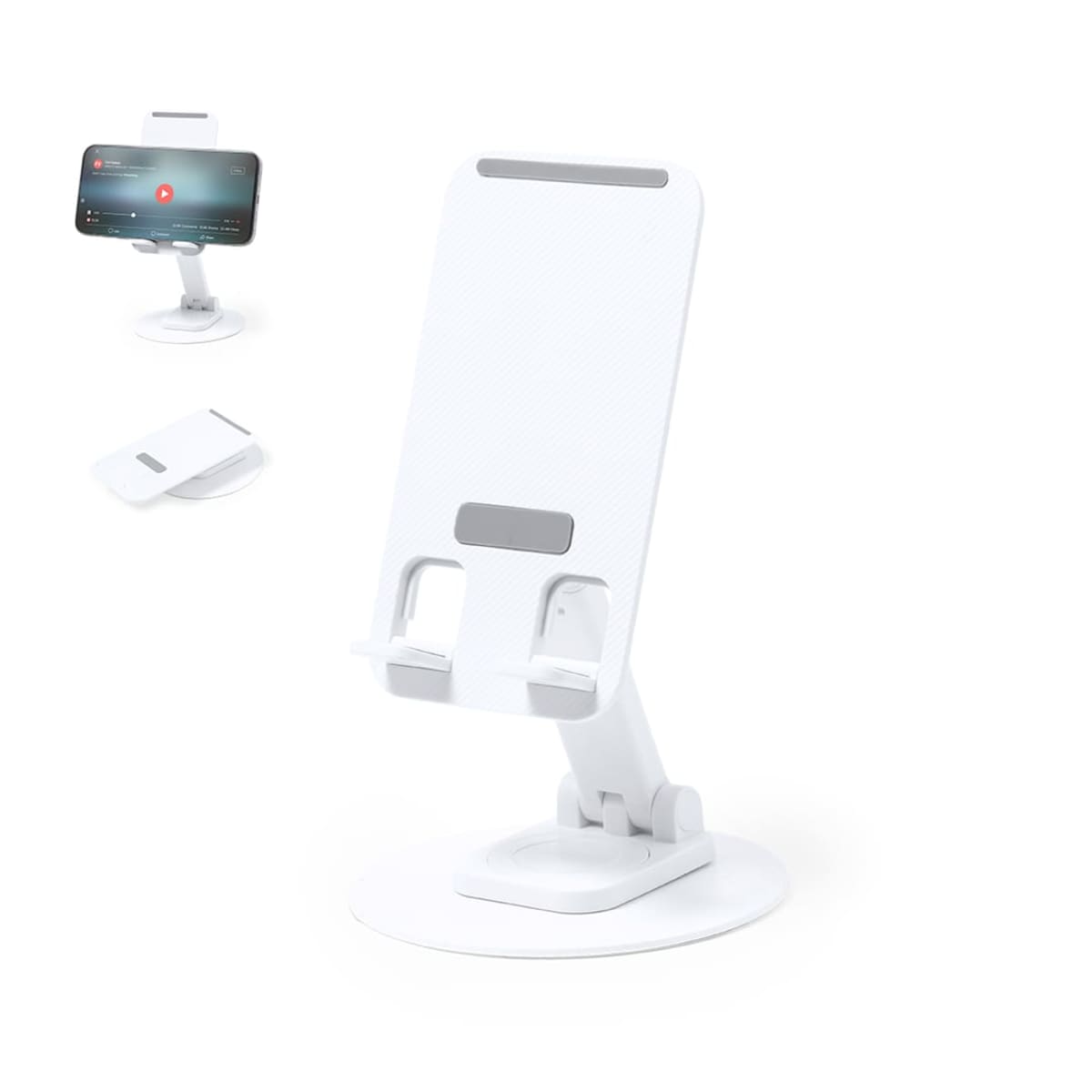 Adjustable white phone stand with foldable design, shown holding a smartphone.