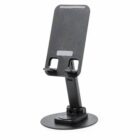 Black adjustable phone or tablet stand with a textured surface on a circular base.