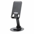 Black adjustable phone stand with a wide base and textured surface on a white background.