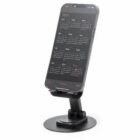 Smartphone on a black stand displaying a 2021 yearly calendar on its screen.