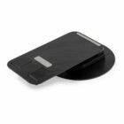 Black, rectangular rotating laptop stand with rubber grips on a circular base.