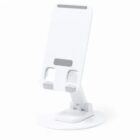 White adjustable phone or tablet stand on a round base against a plain background.