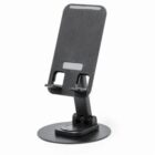 Black adjustable phone or tablet stand with a round base on a white background.