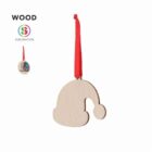 Blank wooden Santa hat ornament with a red ribbon for hanging, shown on a white background.