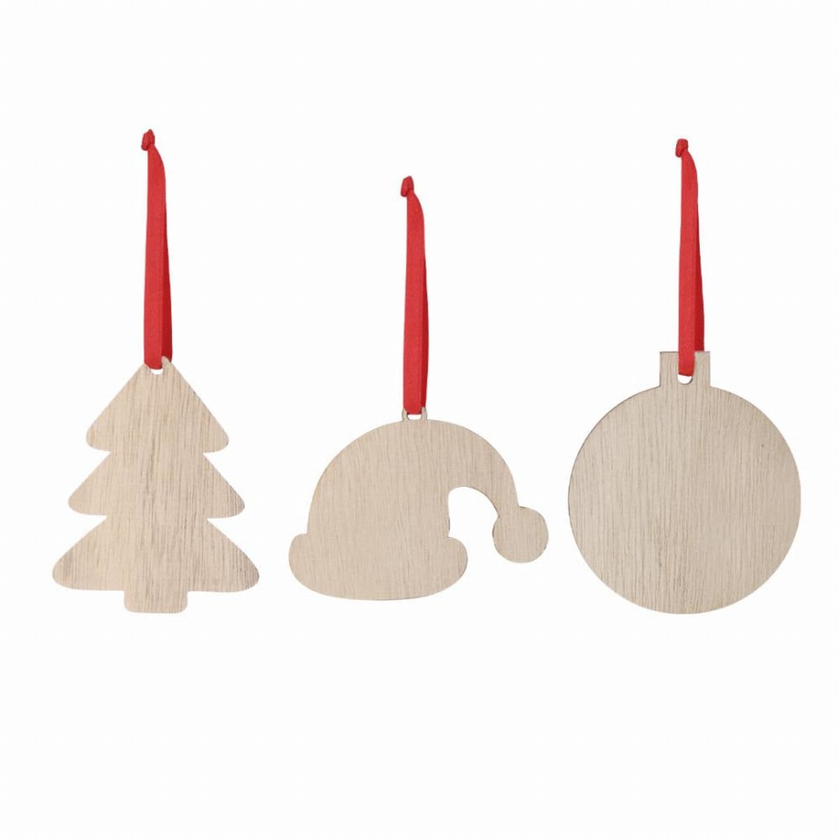 Three wooden Christmas ornaments on red ribbons: a tree, Santa hat, and a round bauble.