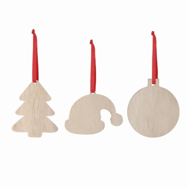 Three plain wooden Christmas ornaments: a tree, a Santa hat, and a bauble with red ribbons.