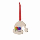 Wooden Santa hat ornament with a red ribbon and a colorful logo labeled CHROME.