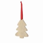 Wooden Christmas tree ornament with a red ribbon for hanging.