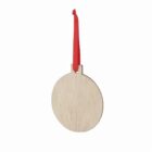 Round wooden ornament with a red ribbon loop, isolated on a white background.