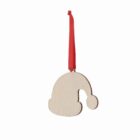 Wooden Santa hat ornament with a red ribbon for hanging, on a white background.