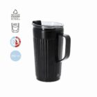 Black travel mug with handle and lid, 350 ml, made of recycled stainless steel, insulated.