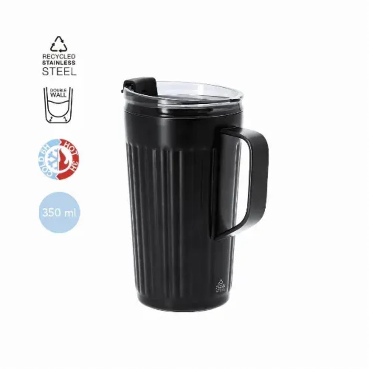 Black travel mug with handle and lid, 350 ml, made of recycled stainless steel, insulated.