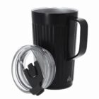 Black stainless steel travel mug with handle and a clear plastic lid placed beside it.