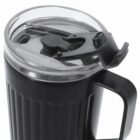 Black travel mug with a clear lid and open drinking spout, shown from an angled top view.