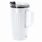 A white travel mug with a handle and a black, flip-top lid.