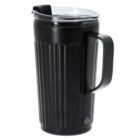 A black travel mug with a handle and a clear plastic lid, shown on a white background.