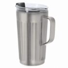 A stainless steel travel mug with a handle and a clear plastic lid.