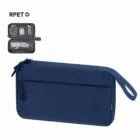 Blue zippered travel pouch with wrist strap, shown open with organized electronics inside.