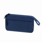 Navy blue rectangular zippered pouch with a wrist strap and front pocket.