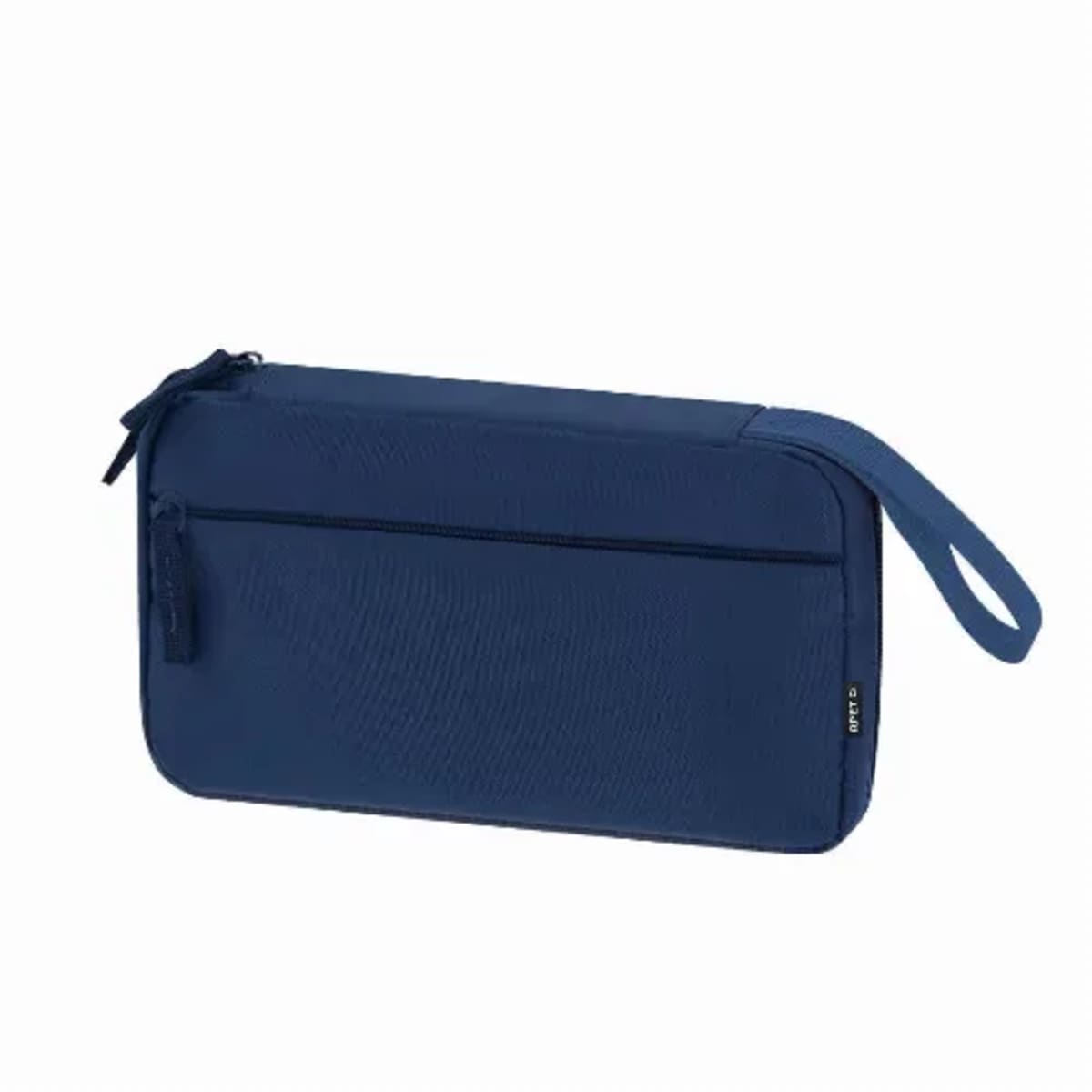 Navy blue rectangular zippered pouch with a wrist strap and front pocket.