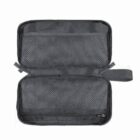 Open black mesh zippered pouch with a carrying handle, lying flat on a white background.