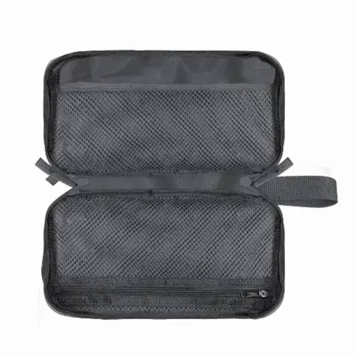 Open black mesh zippered pouch with a carrying handle, lying flat on a white background.
