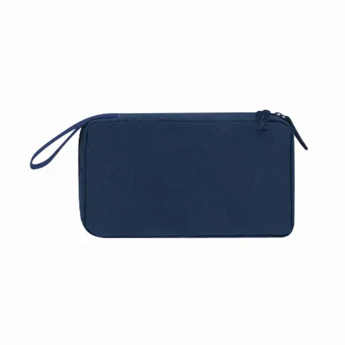 Navy blue rectangular zippered pouch with a wrist strap, shown on a white background.